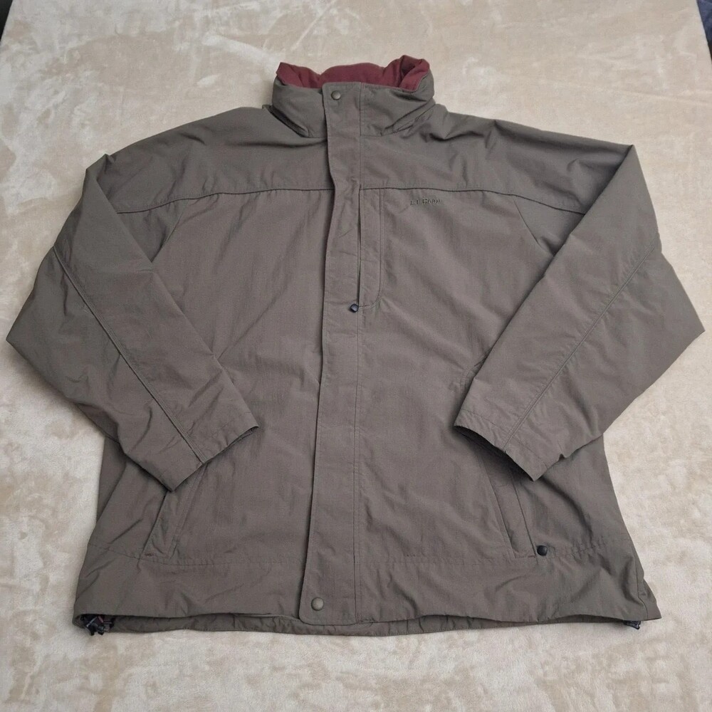 LL Bean Jacket Mens 2XLT Brown Hooded 3-in-1 Nylon Insulated Zip Pockets Winter